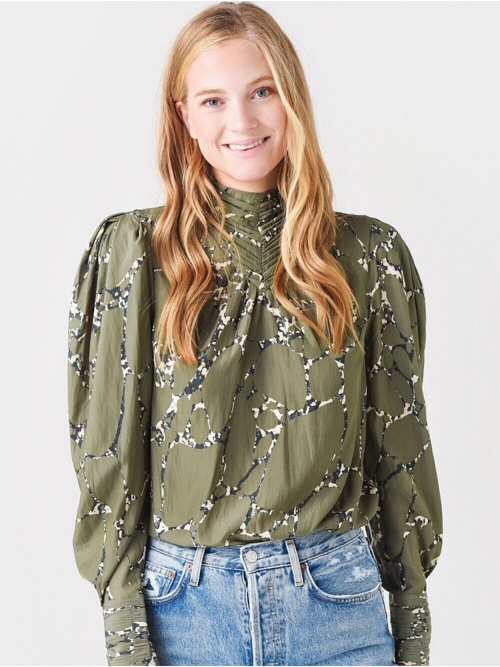 BA&SH Mocean Patterned Kaki Green Marble Medi Skirt & Blouse Set Sz 1/ 4 US